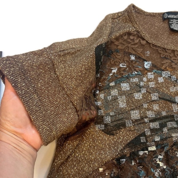 Multi-Media Butterfly Short Sleeve Metallic Detail Loose Weave Sweater Brown L - Picture 6 of 9